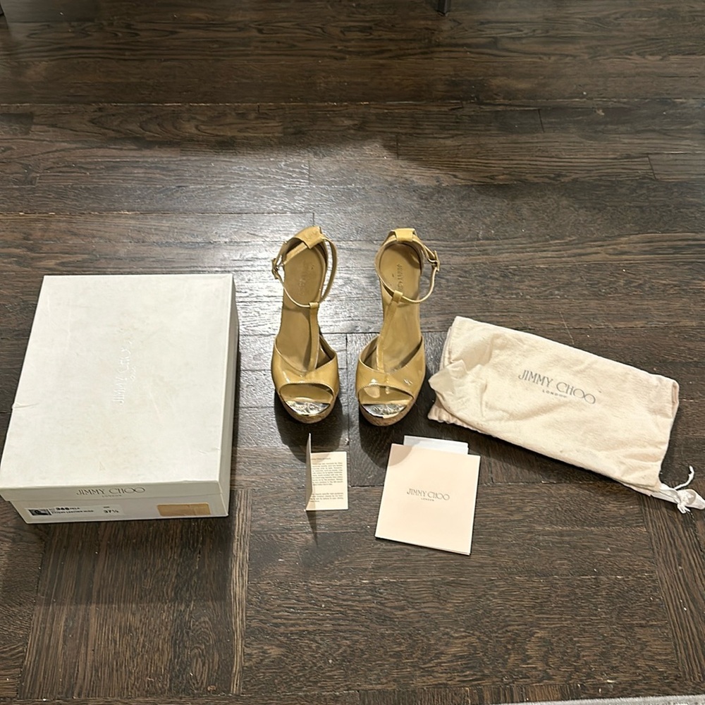 Jimmy Choo 365Pela Patent Leather Nude Wedge Heel - 37.5